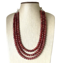 Load image into Gallery viewer, Frosted Cranberry Chunky 3 Strand Statement Necklace, fall necklace, red jewelry, dark red necklace, maroon ball beaded, red earrings glass