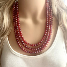 Load image into Gallery viewer, Frosted Cranberry Chunky 3 Strand Statement Necklace, fall necklace, red jewelry, dark red necklace, maroon ball beaded, red earrings glass