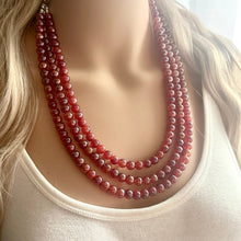 Load image into Gallery viewer, Frosted Cranberry Chunky 3 Strand Statement Necklace, fall necklace, red jewelry, dark red necklace, maroon ball beaded, red earrings glass