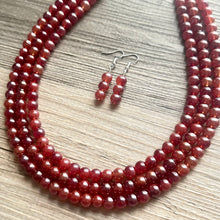 Load image into Gallery viewer, Frosted Cranberry Chunky 3 Strand Statement Necklace, fall necklace, red jewelry, dark red necklace, maroon ball beaded, red earrings glass