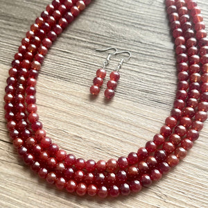 Frosted Cranberry Chunky 3 Strand Statement Necklace, fall necklace, red jewelry, dark red necklace, maroon ball beaded, red earrings glass