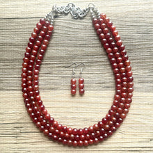 Load image into Gallery viewer, Frosted Cranberry Chunky 3 Strand Statement Necklace, fall necklace, red jewelry, dark red necklace, maroon ball beaded, red earrings glass