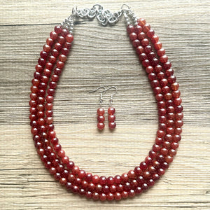 Frosted Cranberry Chunky 3 Strand Statement Necklace, fall necklace, red jewelry, dark red necklace, maroon ball beaded, red earrings glass