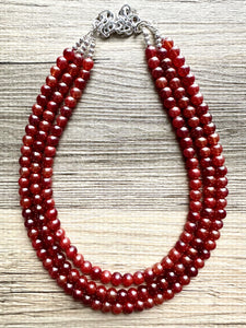 Frosted Cranberry Chunky 3 Strand Statement Necklace, fall necklace, red jewelry, dark red necklace, maroon ball beaded, red earrings glass