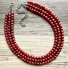 Load image into Gallery viewer, Frosted Cranberry Chunky 3 Strand Statement Necklace, fall necklace, red jewelry, dark red necklace, maroon ball beaded, red earrings glass