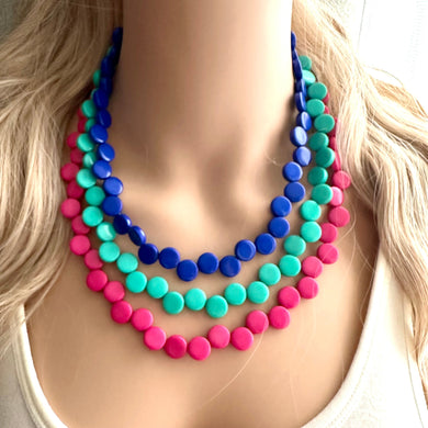 Royal Blue & Green teal pink 3 Strand Statement Necklace, Chunky Jewelry Big Beaded Necklace, dark blue geometric zig zag bubble earrings