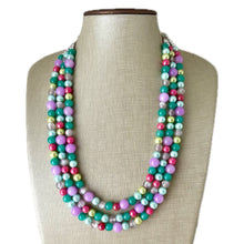 Load image into Gallery viewer, Morning Light Statement Necklace, Chunky Beaded Necklace, 3 strand Jewelry, green blue purple glass hot pink layering beaded gray purple