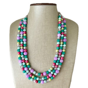 Morning Light Statement Necklace, Chunky Beaded Necklace, 3 strand Jewelry, green blue purple glass hot pink layering beaded gray purple