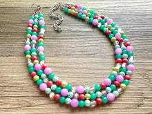 Load image into Gallery viewer, Morning Light Statement Necklace, Chunky Beaded Necklace, 3 strand Jewelry, green blue purple glass hot pink layering beaded gray purple