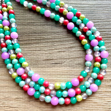 Load image into Gallery viewer, Morning Light Statement Necklace, Chunky Beaded Necklace, 3 strand Jewelry, green blue purple glass hot pink layering beaded gray purple