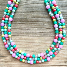 Load image into Gallery viewer, Morning Light Statement Necklace, Chunky Beaded Necklace, 3 strand Jewelry, green blue purple glass hot pink layering beaded gray purple