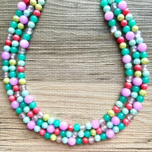 Morning Light Statement Necklace, Chunky Beaded Necklace, 3 strand Jewelry, green blue purple glass hot pink layering beaded gray purple