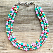 Load image into Gallery viewer, Morning Light Statement Necklace, Chunky Beaded Necklace, 3 strand Jewelry, green blue purple glass hot pink layering beaded gray purple