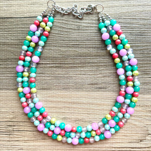 Morning Light Statement Necklace, Chunky Beaded Necklace, 3 strand Jewelry, green blue purple glass hot pink layering beaded gray purple