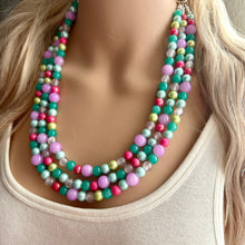 Load image into Gallery viewer, Morning Light Statement Necklace, Chunky Beaded Necklace, 3 strand Jewelry, green blue purple glass hot pink layering beaded gray purple