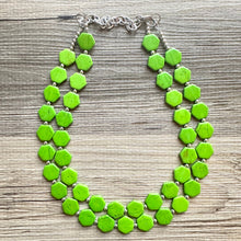 Load image into Gallery viewer, Bright Green Chunky Statement Necklace, Big beaded jewelry, 2 Strand Statement Bib necklace, silver geometric bridesmaid wedding earrings