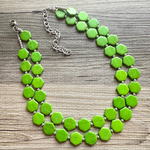 Load image into Gallery viewer, Bright Green Chunky Statement Necklace, Big beaded jewelry, 2 Strand Statement Bib necklace, silver geometric bridesmaid wedding earrings
