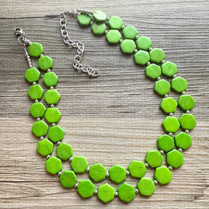 Bright Green Chunky Statement Necklace, Big beaded jewelry, 2 Strand Statement Bib necklace, silver geometric bridesmaid wedding earrings
