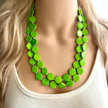 Load image into Gallery viewer, Bright Green Chunky Statement Necklace, Big beaded jewelry, 2 Strand Statement Bib necklace, silver geometric bridesmaid wedding earrings