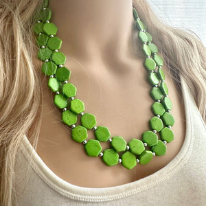 Bright Green Chunky Statement Necklace, Big beaded jewelry, 2 Strand Statement Bib necklace, silver geometric bridesmaid wedding earrings
