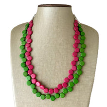 Load image into Gallery viewer, Hot Pink &amp; Green Double Statement Necklace, Chunky Jewelry Big Beaded Necklace, dark pink Necklace, magenta pink Jewelry bubble Earrings