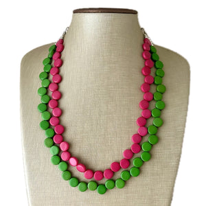 Hot Pink & Green Double Statement Necklace, Chunky Jewelry Big Beaded Necklace, dark pink Necklace, magenta pink Jewelry bubble Earrings