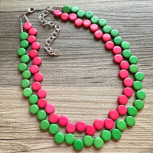 Load image into Gallery viewer, Hot Pink &amp; Green Double Statement Necklace, Chunky Jewelry Big Beaded Necklace, dark pink Necklace, magenta pink Jewelry bubble Earrings
