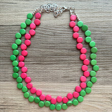 Load image into Gallery viewer, Hot Pink &amp; Green Double Statement Necklace, Chunky Jewelry Big Beaded Necklace, dark pink Necklace, magenta pink Jewelry bubble Earrings