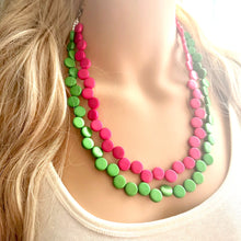 Load image into Gallery viewer, Hot Pink &amp; Green Double Statement Necklace, Chunky Jewelry Big Beaded Necklace, dark pink Necklace, magenta pink Jewelry bubble Earrings