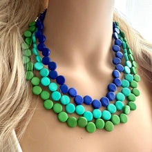 Load image into Gallery viewer, Royal Blue &amp; Green teal pink 3 Strand Statement Necklace, Chunky Jewelry Big Beaded Necklace, dark blue geometric zig zag bubble earrings