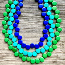 Load image into Gallery viewer, Royal Blue &amp; Green teal pink 3 Strand Statement Necklace, Chunky Jewelry Big Beaded Necklace, dark blue geometric zig zag bubble earrings