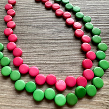 Load image into Gallery viewer, Hot Pink &amp; Green Double Statement Necklace, Chunky Jewelry Big Beaded Necklace, dark pink Necklace, magenta pink Jewelry bubble Earrings