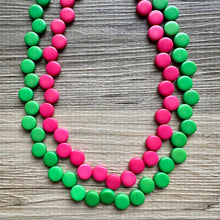 Load image into Gallery viewer, Hot Pink &amp; Green Double Statement Necklace, Chunky Jewelry Big Beaded Necklace, dark pink Necklace, magenta pink Jewelry bubble Earrings