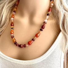 Load image into Gallery viewer, Natural Striped carnelian Beaded 1 strand Statement Necklace, Chunky Bib Single Light orange stone jewelry, gemstone layering red cream gold