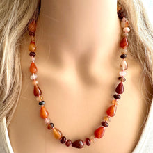 Load image into Gallery viewer, Natural Striped carnelian Beaded 1 strand Statement Necklace, Chunky Bib Single Light orange stone jewelry, gemstone layering red cream gold