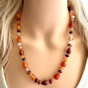 Natural Striped carnelian Beaded 1 strand Statement Necklace, Chunky Bib Single Light orange stone jewelry, gemstone layering red cream gold