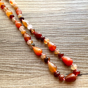 Natural Striped carnelian Beaded 1 strand Statement Necklace, Chunky Bib Single Light orange stone jewelry, gemstone layering red cream gold