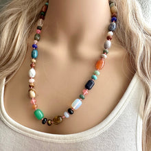 Load image into Gallery viewer, Polished Agate Genuine GemStone Necklace rainbow, silver statement necklace jewelry, long beaded statement layering beaded stone colorful