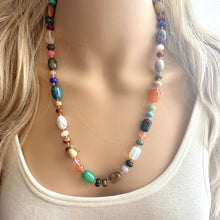 Load image into Gallery viewer, Polished Agate Genuine GemStone Necklace rainbow, silver statement necklace jewelry, long beaded statement layering beaded stone colorful