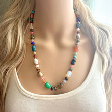 Load image into Gallery viewer, Polished Agate Genuine GemStone Necklace rainbow, silver statement necklace jewelry, long beaded statement layering beaded stone colorful