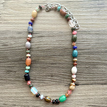 Load image into Gallery viewer, Polished Agate Genuine GemStone Necklace rainbow, silver statement necklace jewelry, long beaded statement layering beaded stone colorful