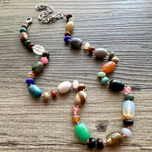 Load image into Gallery viewer, Polished Agate Genuine GemStone Necklace rainbow, silver statement necklace jewelry, long beaded statement layering beaded stone colorful