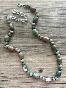 Natural Indian Agate Genuine GemStone Necklace rainbow, silver statement jewelry long beaded statement layering beaded stone colorful