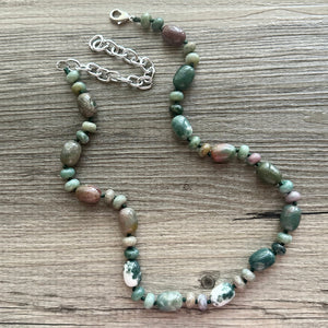 Natural Indian Agate Genuine GemStone Necklace rainbow, silver statement jewelry long beaded statement layering beaded stone colorful