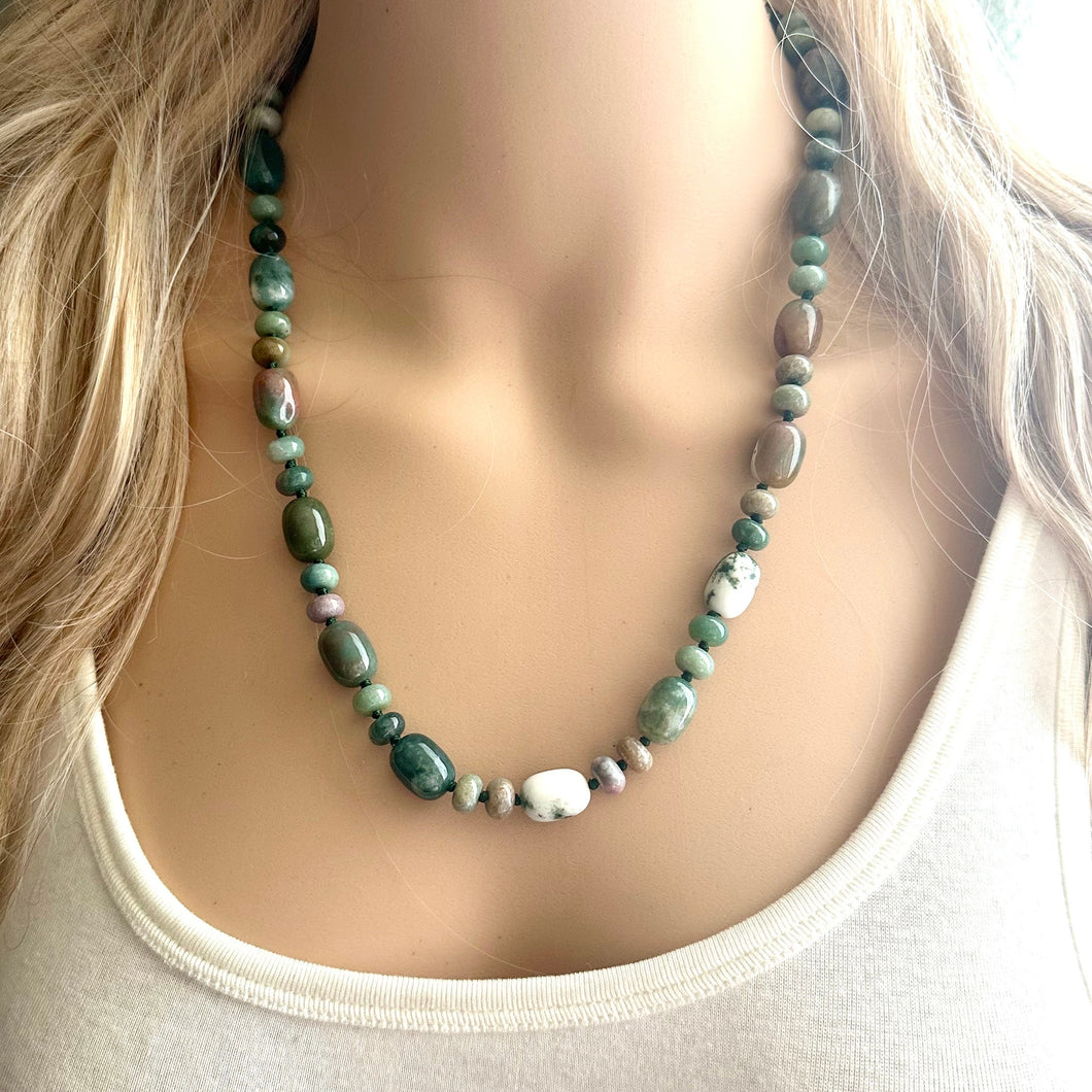 Natural Indian Agate Genuine GemStone Necklace rainbow, silver statement jewelry long beaded statement layering beaded stone colorful