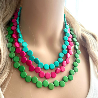Forest Green teal hot pink 3 Strand Statement Necklace, Chunky Jewelry Big Beaded Necklace, magenta geometric zig zag bubble earrings