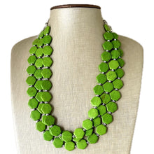 Load image into Gallery viewer, Bright Green Chunky Statement Necklace, Big beaded jewelry, 3 Strand Statement Bib necklace, silver geometric bridesmaid wedding earrings