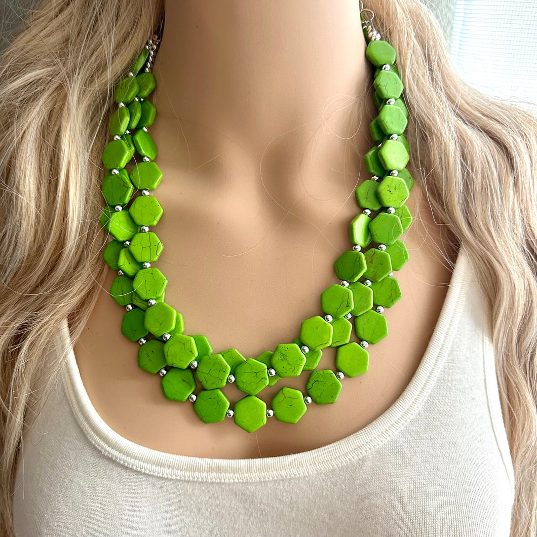 Bright Green Chunky Statement Necklace, Big beaded jewelry, 3 Strand Statement Bib necklace, silver geometric bridesmaid wedding earrings