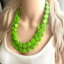 Load image into Gallery viewer, Bright Green Chunky Statement Necklace, Big beaded jewelry, 3 Strand Statement Bib necklace, silver geometric bridesmaid wedding earrings