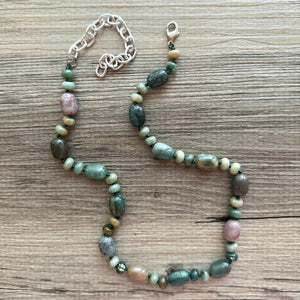 Natural Indian Agate Genuine GemStone Necklace rainbow, silver statement jewelry long beaded statement layering beaded stone colorful